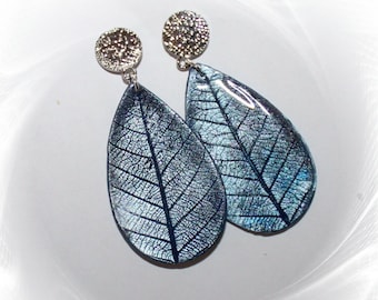 Earrings, hanging earrings, leaf, earrings blue silver, polymer ART, handmade