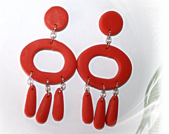 Earrings, statement earrings, drop earrings, polymer clay earrings, Ibiza style, orange earrings