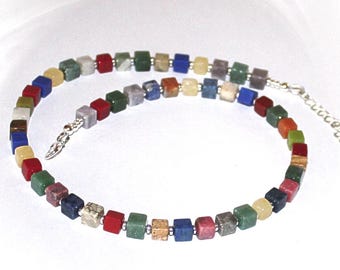 Gemstone necklace, cube necklace, necklace with gemstones, lapis lazuli, jasper, moss agate, citrine, agate, chain