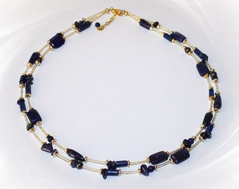 Collier Lapis Lazuli, zweireihige Kette Lapis Lazuli, Kette aus Lapislazulli Gold,