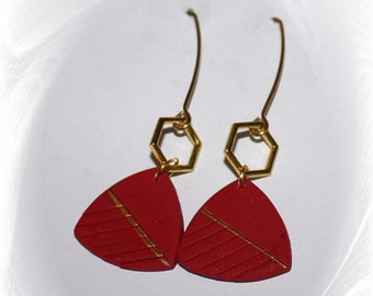 Great hanging earrings, red and gold, Polymer ART, earrings red and gold,