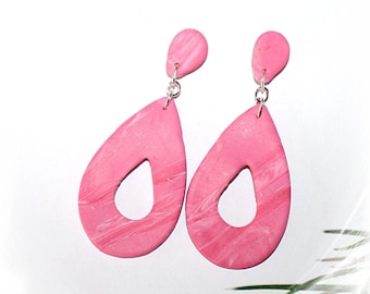 Great statement earrings, light pink with white, hanging earrings, Polymer ART