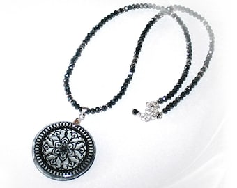 Necklace with pendant, pendant necklace, mandala design, black and silver, handmade unique jewelry, polymer clay pendant, mandala pendant
