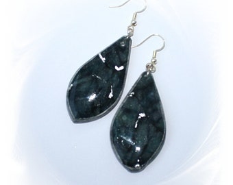 Statement earrings, dark green silver, polymer clay, hanging earrings
