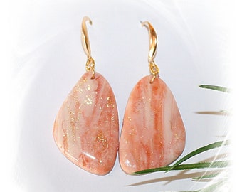 Great salmon-colored earrings, apricot hanging earrings, polymer art earrings, apricot gold,