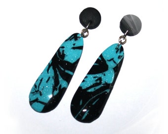 Drop earrings, statement earrings, polymer ART earrings, turquoise black earrings,