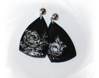 Stud earrings, hanging stud earrings, rose stud earrings, Cernit earrings, black silver earrings, rose earrings