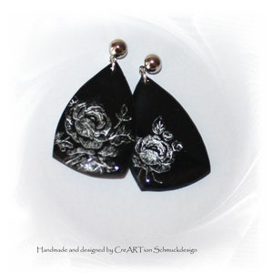 Stud earrings, hanging stud earrings, rose stud earrings, Cernit earrings, black silver earrings, rose earrings