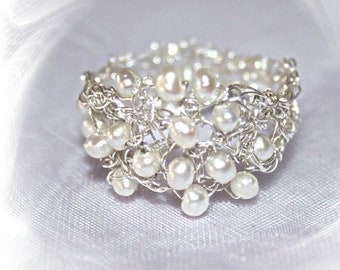 Ring, pearl ring, silver braid, silver ring, ring silver,