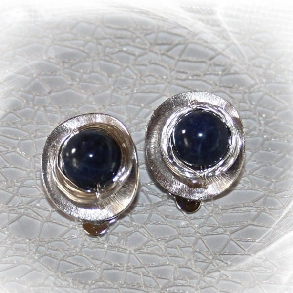 Ear clips, silver, sodalite