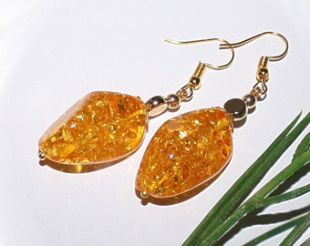 Dreamy earrings, faux amber, gold drop earrings, resin earrings like amber,