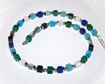 Gemstone chain, cube chain, blue green white, jasper, lapis lazuli, rock crystal, hematite