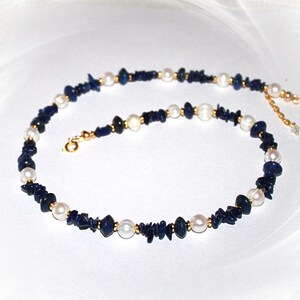 Necklace, gemstone necklaces, Lapis Lazuli necklace, Lapis Lazuli necklace, noble Lapis Lazuli necklace, real pearls, blue white gold,