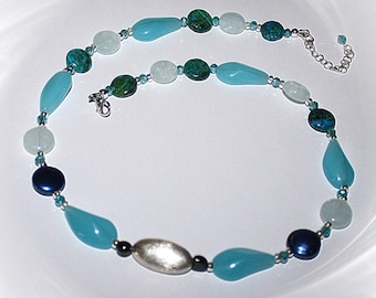Necklace, necklace, gemstone necklace, aquamarine, chrysocolla, freshwater pearls, silver, turquoise, blue