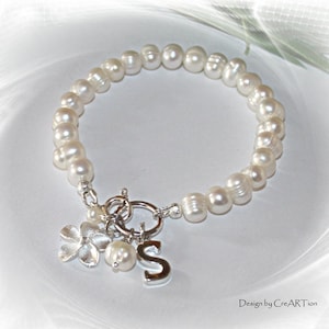 Bracelet, real pearls, 925 silver, with initial, name bracelet, bridal jewelry,