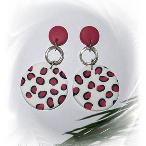 Earrings, animal print, hoop earrings, polymer clay earrings, white pink earrings