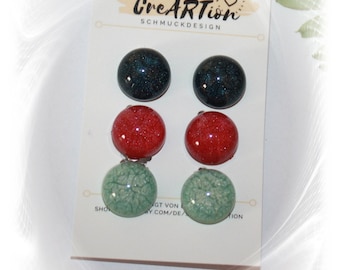 Ear clips, ear clips set of 3, 3 pairs of ear clips, resin, earrings, ear clips green, ear clips coral, ear clips midnight blue