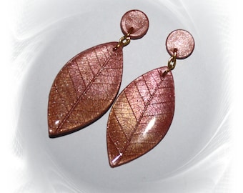 Beautiful earrings in the shape of a leaf, earrings polymer ART, hanging earrings leaf, copper metallic