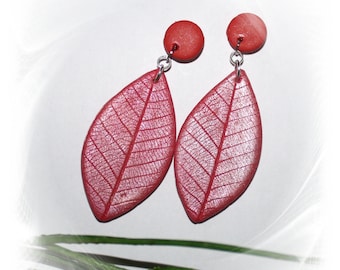 Earrings, drop earrings, leaf earrings, red statement earrings, red earrings, Polymer ART