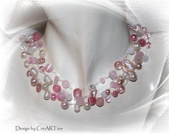 Necklace, rose quartz, pearls, pearl necklace, bridal jewelry