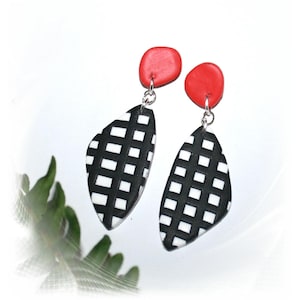 Trendy earrings, polymer art, black red white, hanging earrings, handmade earrings, earrings