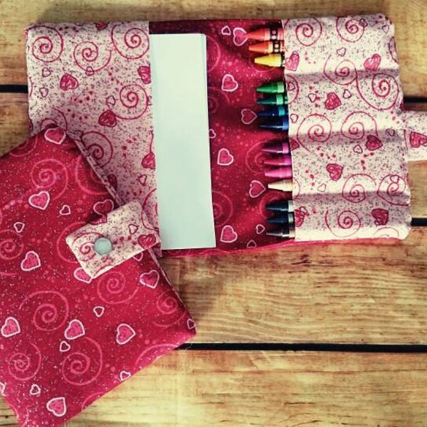 Valentine kids gift, crayon organizer, kids travel art set, crayon wallet, glitter hearts, on the go activities, crayon holder, fabric