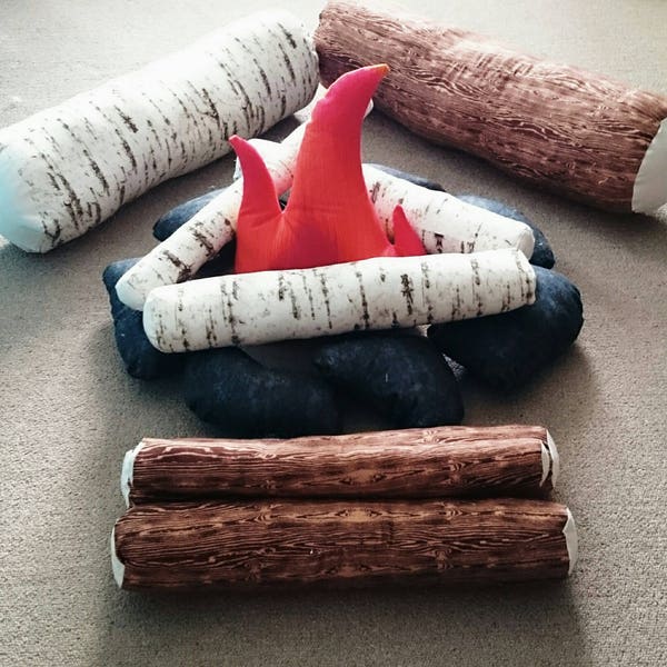 Kids play campfire set with black rocks, kids camping, soft toys, pretend play, plush fire, plush logs, indoor activity, kids gift, play set