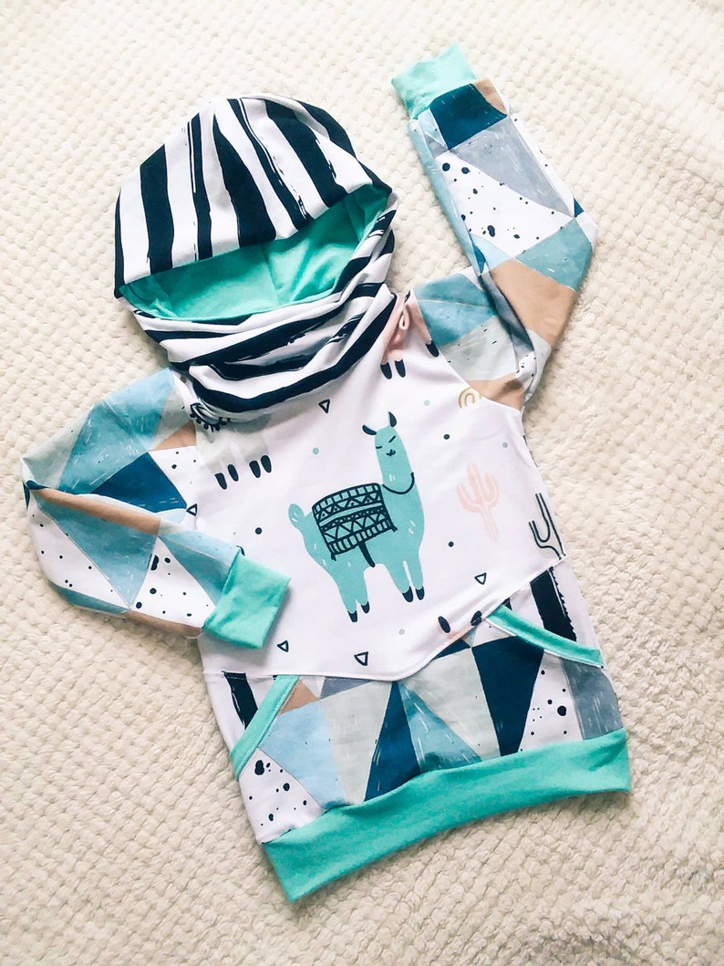 modern style baby Hipster Colorblocked trendy toddler hooded shirt Unisex size 2t llama and cactus hoodie with cowl hood and pockets