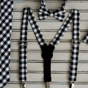 Black and White Buffalo Plaid Skinny Tie, Regular Necktie or Bow tie and Suspender for Wedding, Groomsman, Christmas Tie