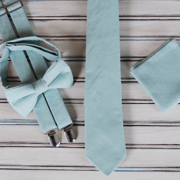 Sea Foam blue Green Linen Tie, Skinny tie, Bow Tie and Suspenders, Pocket Square, for Wedding Party, Groom, Groomsman, All sizes.