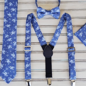 Blue Floral Cotton Tie, Bowtie, Suspenders, and Pocket Square Set