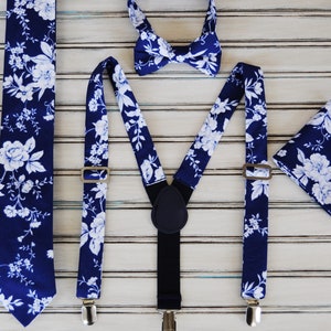 Blue Floral Cotton Tie, Bowtie, Suspenders, and Pocket Square Set