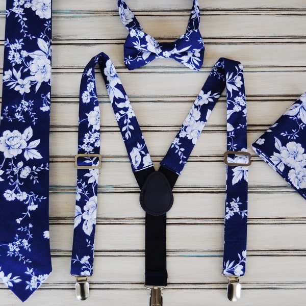 Blue floral Tie, Necktie, Bowtie, Pocket Square, Suspenders, for Men, Youth, Boys, Groomsmen, Wedding Party,  All Sizes