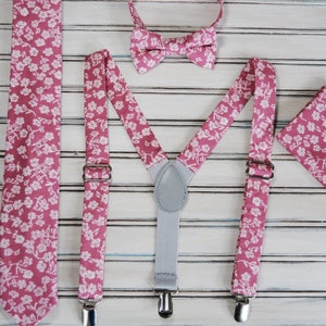 Dusty Rose Floral Tie: Handmade Cotton Wedding Suspenders & Bow Tie Set