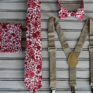 Floral Tie, Bow Tie, Suspenders & Pocket Square Set: Cranberry Maroon Wedding