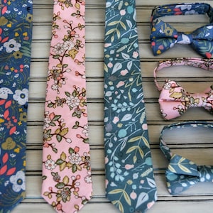 Floral Skinny Tie, Bowtie, Pocket Square, in  Steel Blue, Pink Blush  Dusty Teal Green , Wedding Party, Groomsmen, for Men, boys, All sizes.