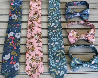 Floral Skinny Tie, Bowtie, Pocket Square, in  Steel Blue, Pink Blush  Dusty Teal Green , Wedding Party, Groomsmen, for Men, boys, All sizes.