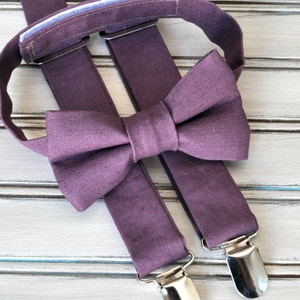 Plum Linen Bow Tie and Suspenders Set: Adjustable Wedding Outfit