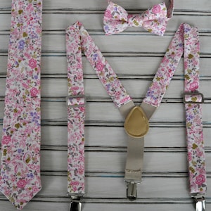 Pink Floral Tie, Bowtie & Suspender Set: Wedding Groomsman Outfit