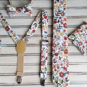 Floral Tie, Bow Tie & Suspender Set: Cream Cotton Wedding Outfit
