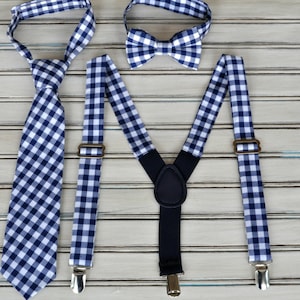 Navy Gingham Bow Tie and Suspenders Set: Wedding, Graduation