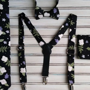 Black floral Tie, Necktie, Bowtie, Pocket Square, Suspenders, for Men, Youth, Boys, Groomsmen, Wedding Party,  All Sizes