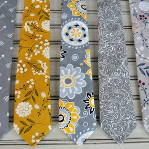 Floral Cotton Tie: Gray, Mustard, Pink - Ring Bearer, Prom
