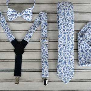 Blue floral Tie, Vintage White, Necktie, Bowtie, Pocket Square, Suspenders, for Men, Youth, Boys, Groomsmen, Wedding Party,  All Sizes