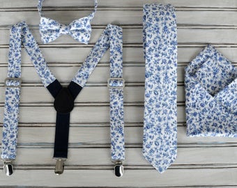 Blue floral Tie, Necktie, Bowtie, Pocket Square, Suspenders, for Men, Youth, Boys, Groomsmen, Wedding Party,  All Sizes