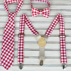 Red Gingham Bow Tie and Suspenders, Regular Tie or Bow Tie for Men, Youth, Boys, Fathers Day Gift
