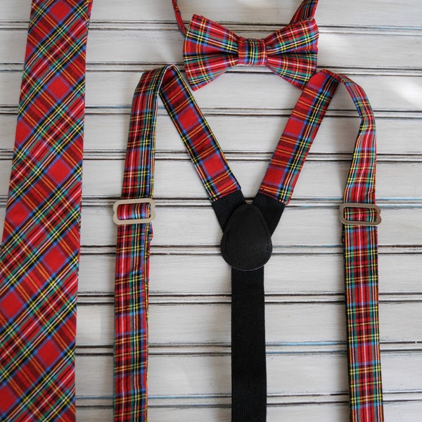 Christmas Tie or Bow tie and Suspender set. All Sizes, Plaid Christmas tie