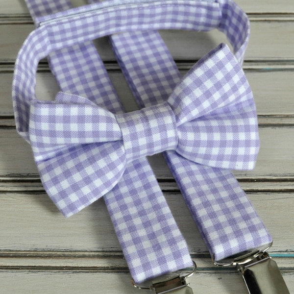 Lavender Gingham Skinny Tie, Pocket Square, Regular Tie, Bow Tie and Suspenders for Men,Youth, Boys, Fathers  Day Gift