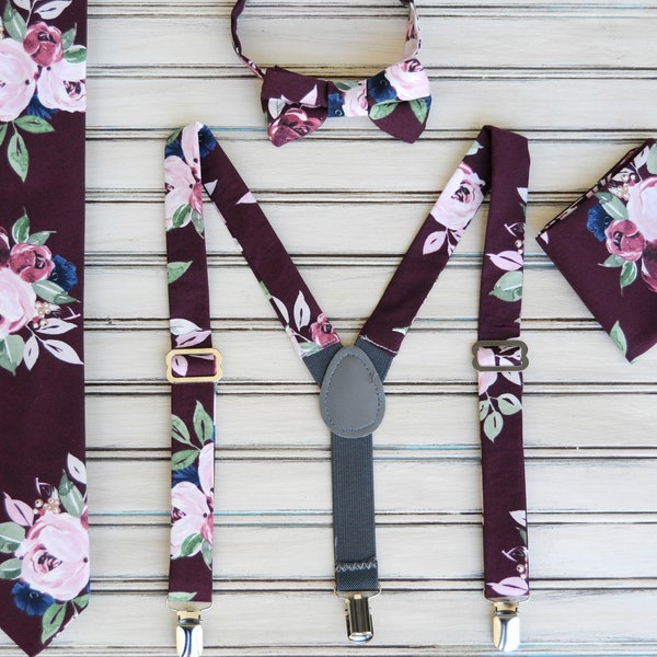 Burgundy and Pink  Floral Skinny Tie, Regular Necktie, or Bow tie and Suspender for Wedding, Groomsman, Prom, Ring Bearer. All Sizes.