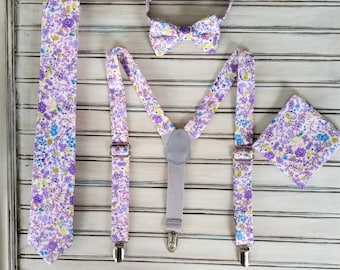 Purple Floral Cotton Tie Set: Groomsmen, Ring Bearer, Suspenders